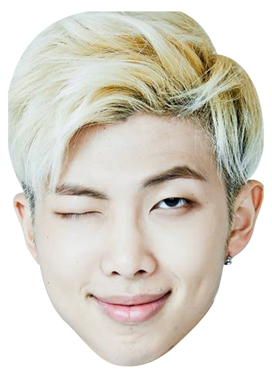 RM Face Mask (Kim Namjoon, BTS) – Fancy Dress Cardboard Costume Mask – RM (Kim Namjoon) face mask – printed cardboard celebrity face mask on a white background, front view