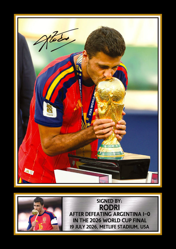 Rodri Spain World Cup Champions 2026 Poster Print – Trophy Celebration Signature Style Football Wall Art