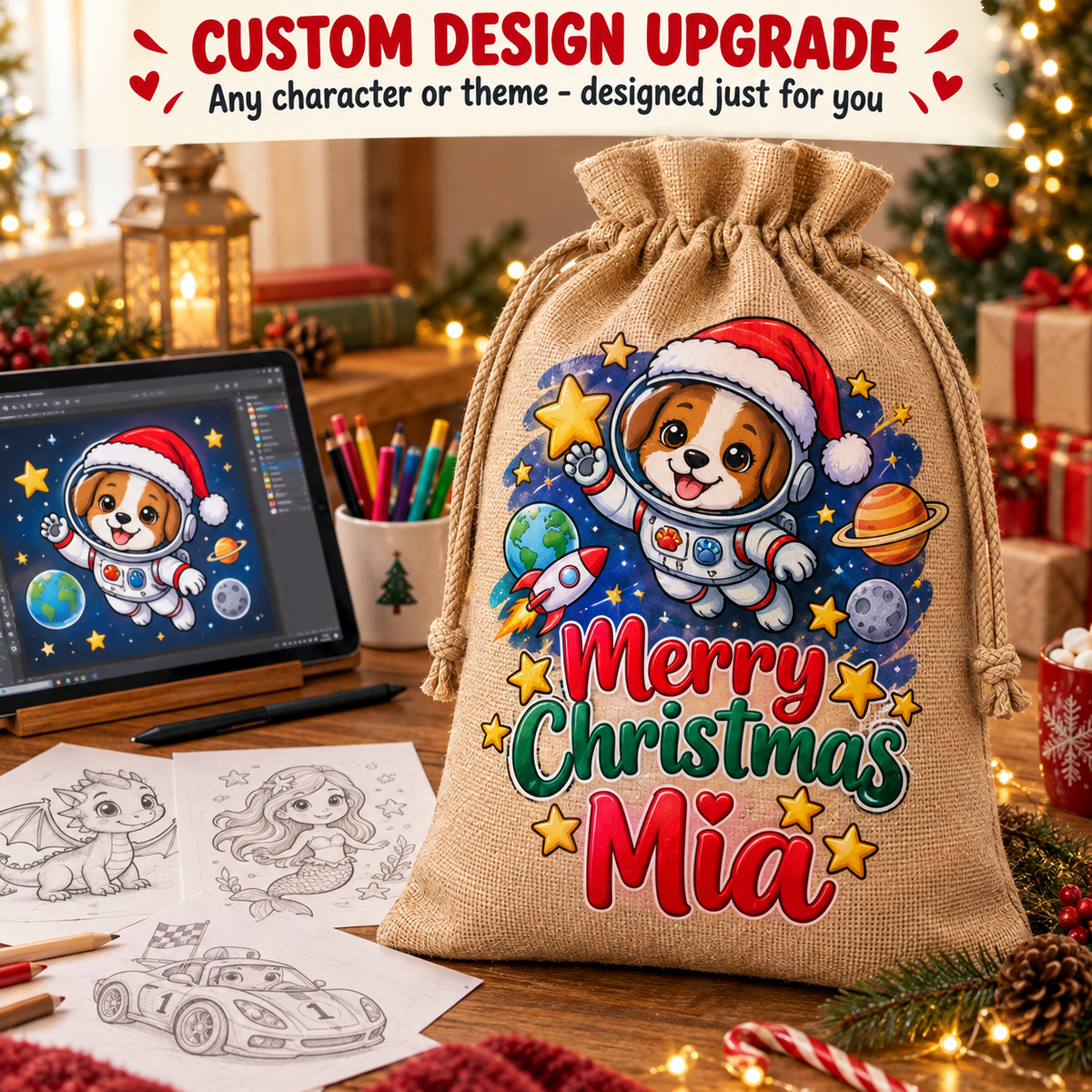 Santa Sack Design UPGRADE – Custom Santa Sack design upgrade - personalised hessian Santa sack with bespoke character artwork designed by Foxy Printing