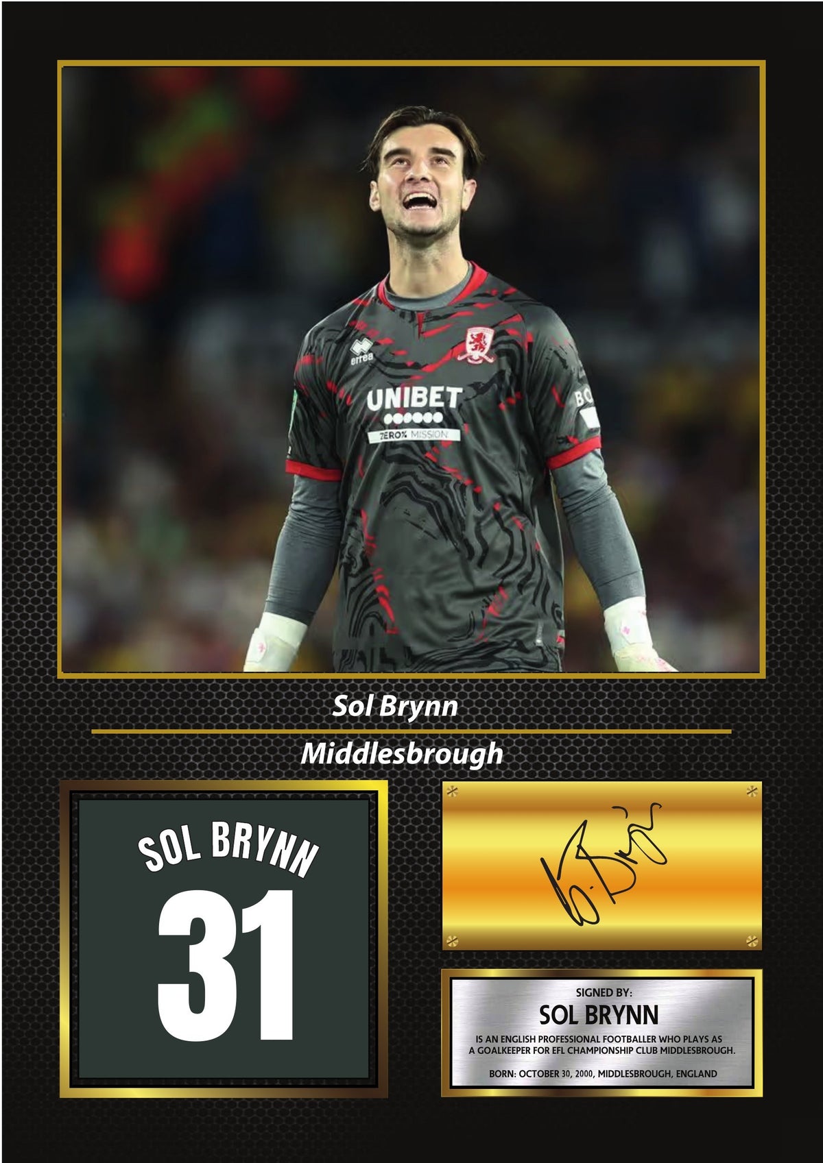 Sol Brynn Middlesbrough FC Poster Print – Football Wall Art Perfect Gift for Football Fans – Sol Brynn Middlesbrough FC Poster Print