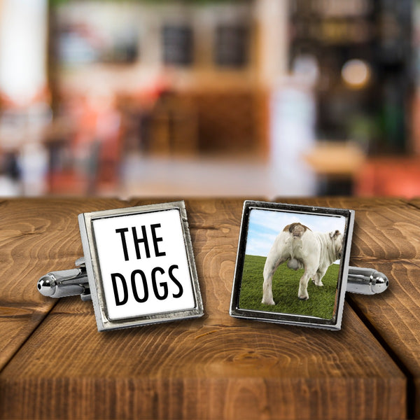 The Dogs Bollocks cufflinks, a chrome square pair with white print on a wooden bar table