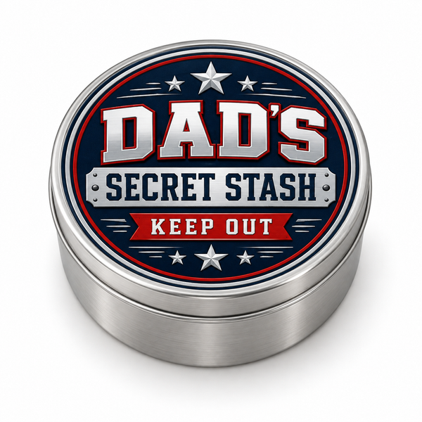 Dad's Secret Stash metal tin on white background