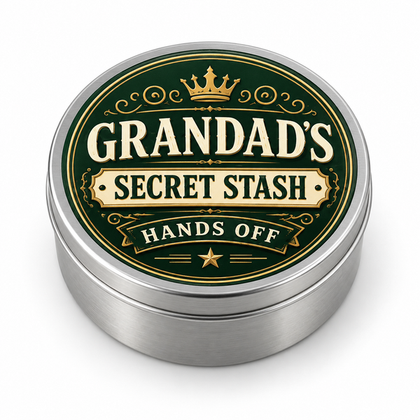 Grandad's Secret Stash metal tin on white background
