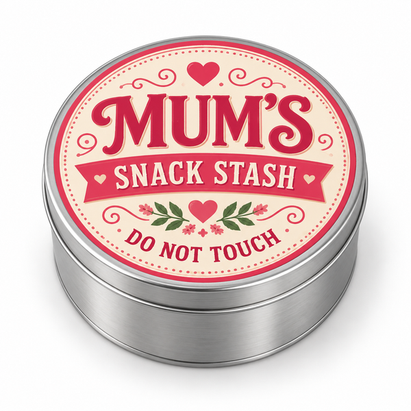 Mum's Snack Stash metal tin on white background