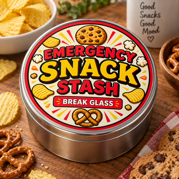 Emergency Snack Stash metal tin on white background