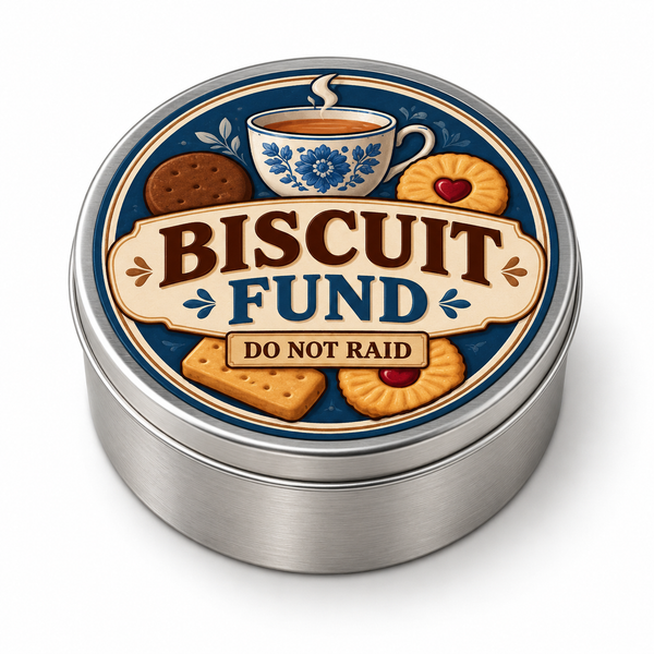 Biscuit Fund metal tin on white background