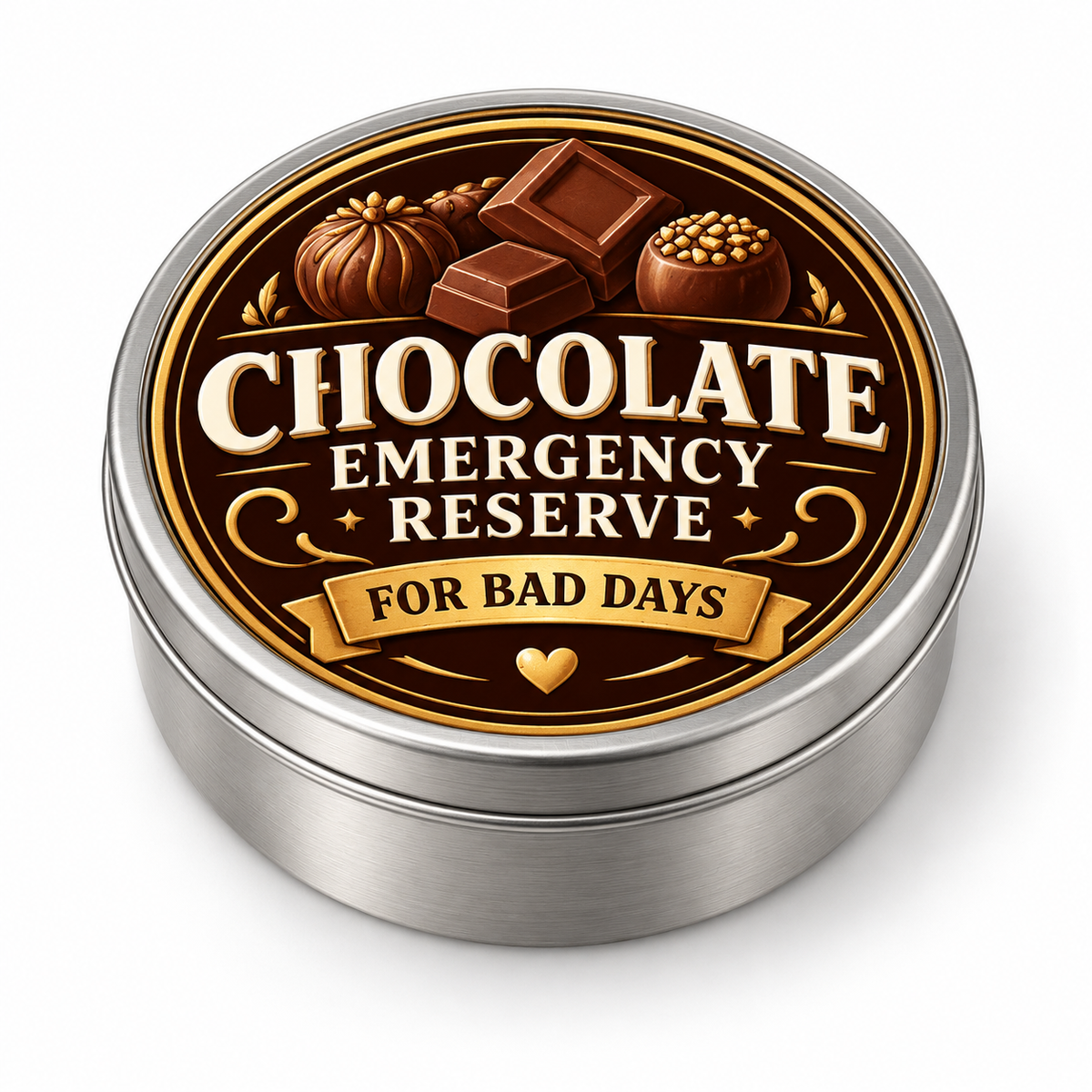 Chocolate Emergency Reserve metal tin on white background