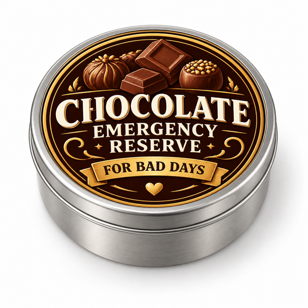 Chocolate Emergency Reserve metal tin on white background