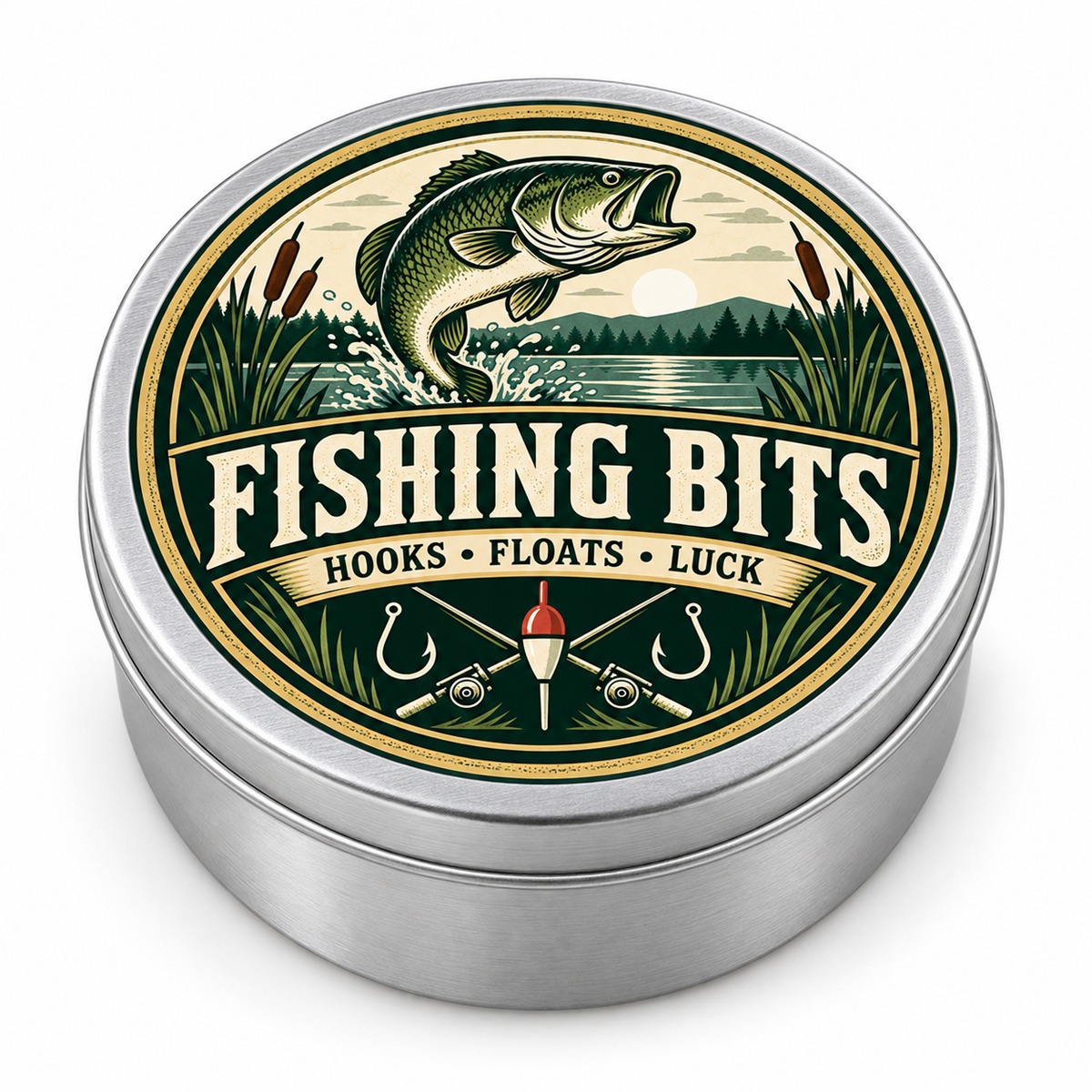 Fishing Bits metal tin on white background