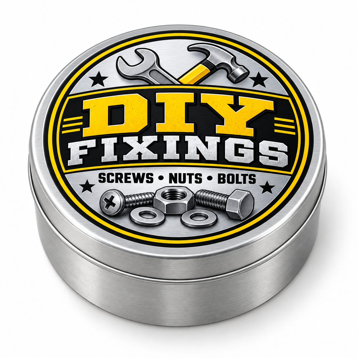 DIY Fixings metal tin on white background