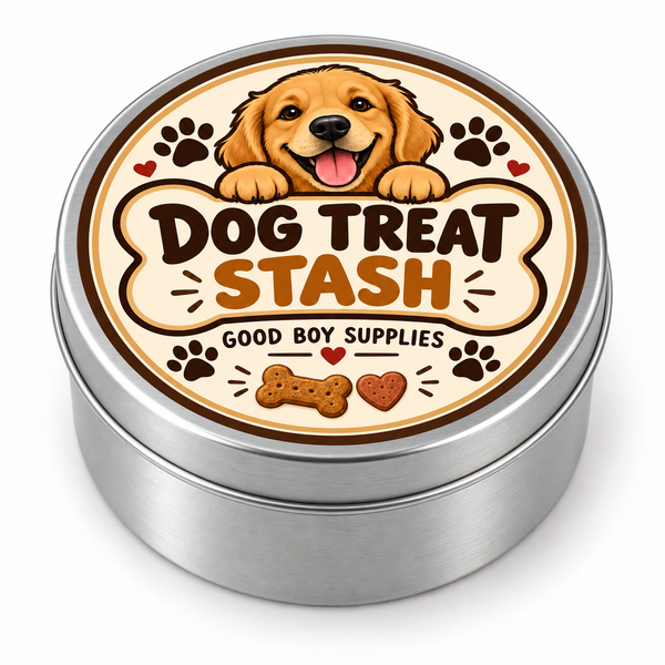 Dog Treat Stash metal tin on white background