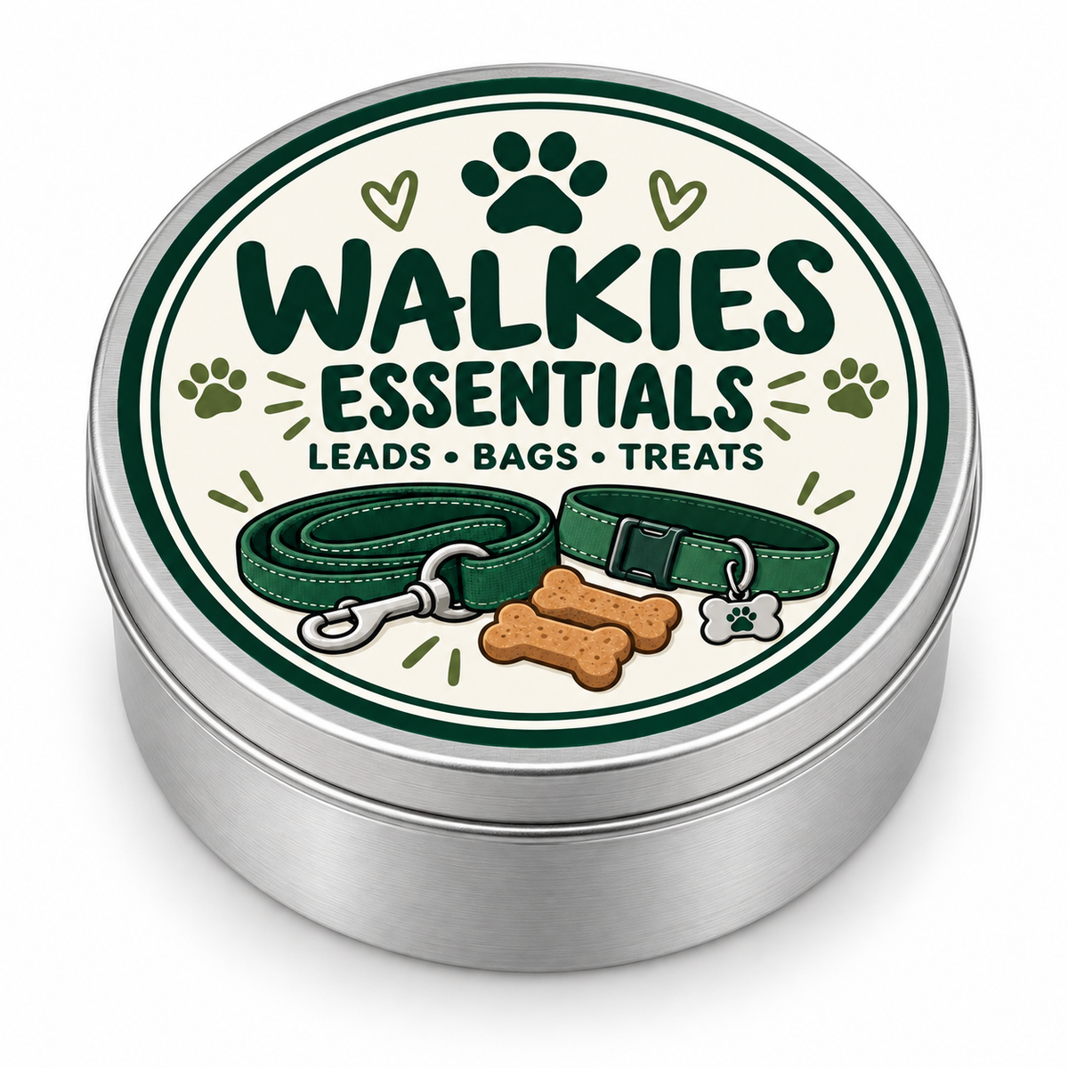 Walkies Essentials metal tin on white background
