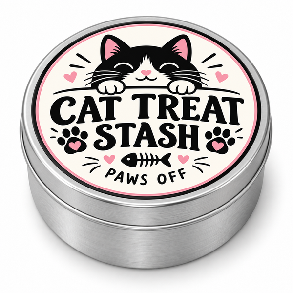 Cat Treat Stash metal tin on white background