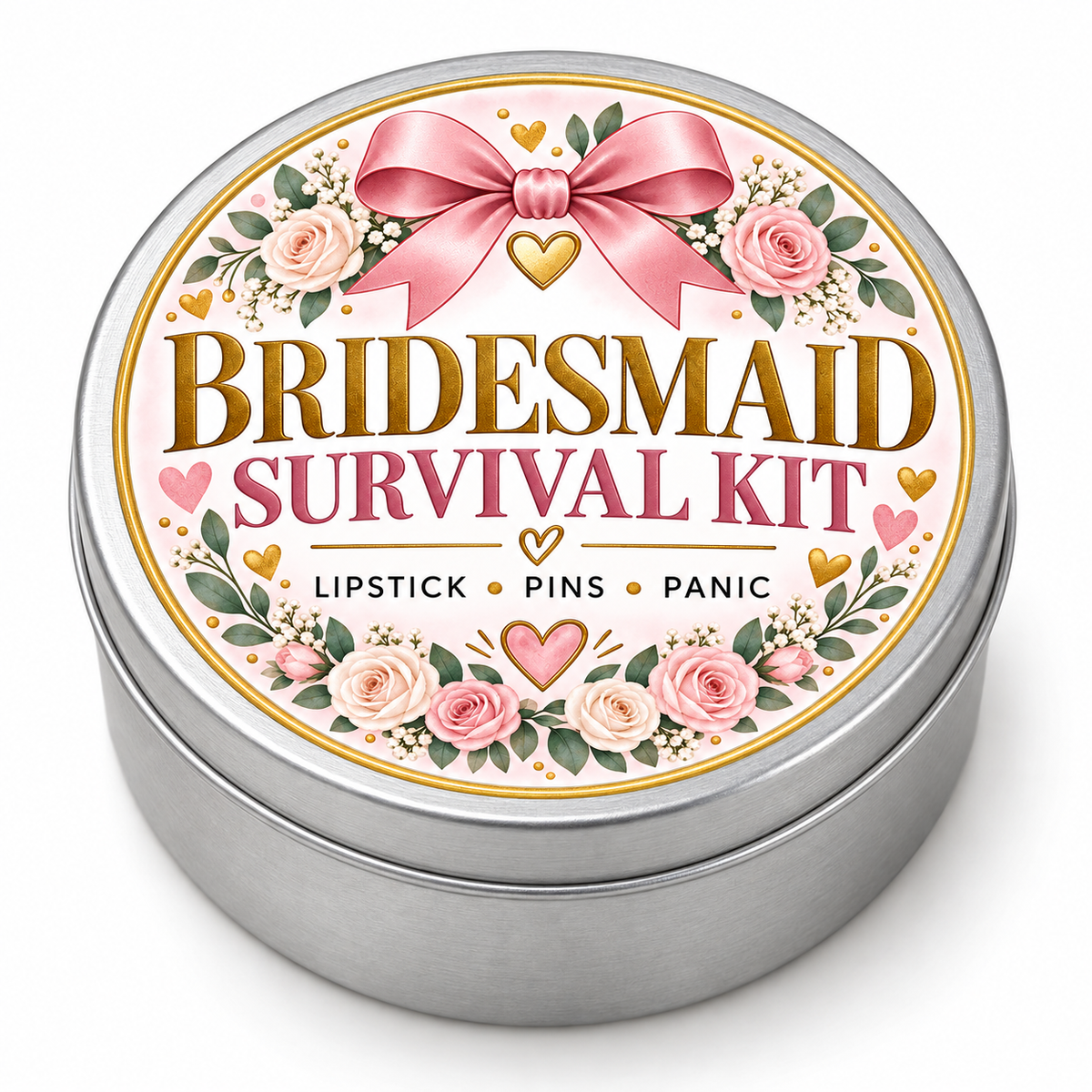 Bridesmaid Survival Kit metal tin on white background