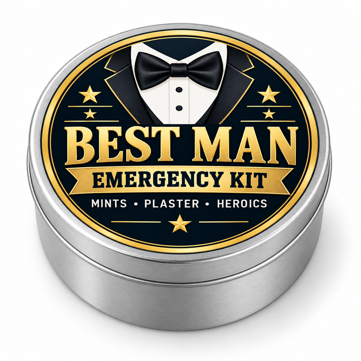 Best Man Emergency Kit metal tin on white background
