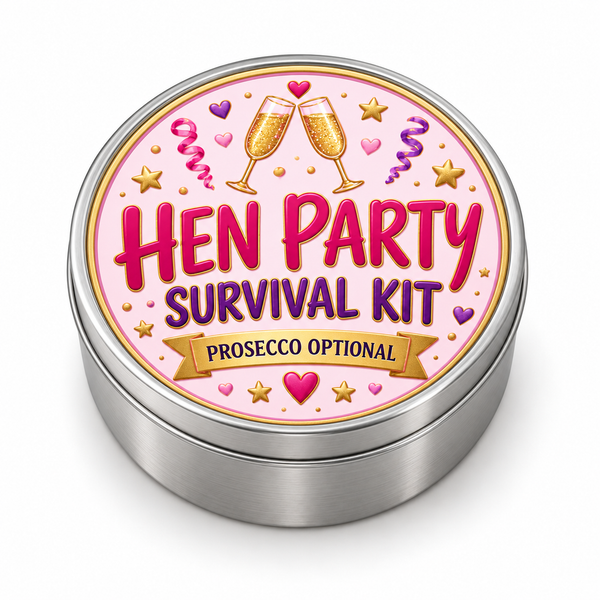 Hen Party Survival Kit metal tin on white background