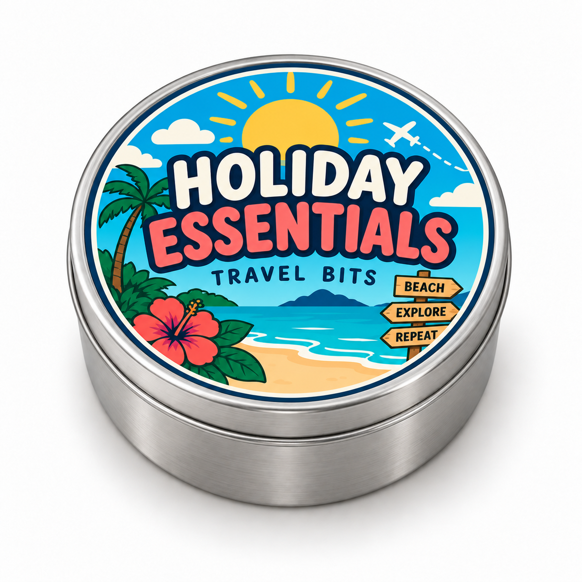 Holiday Essentials metal tin on white background