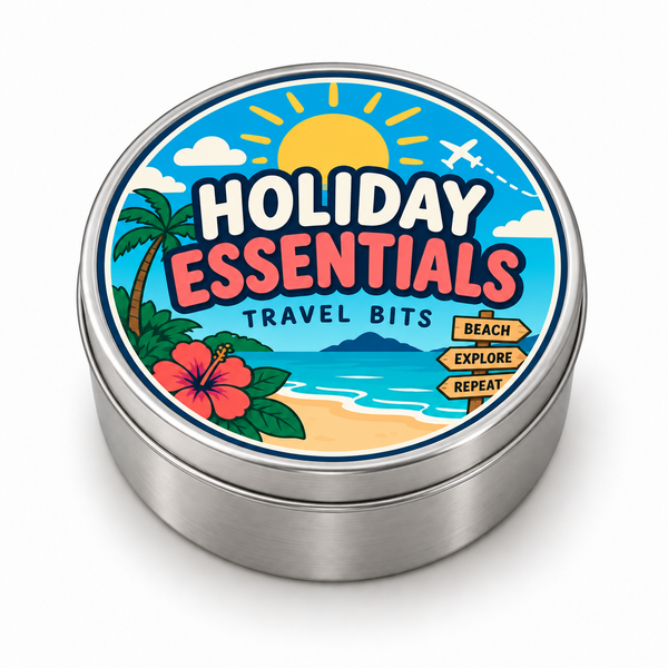 Holiday Essentials metal tin on white background