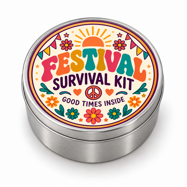 Festival Survival Kit metal tin on white background