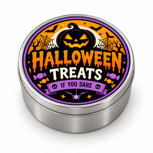 Halloween Treats metal tin on white background