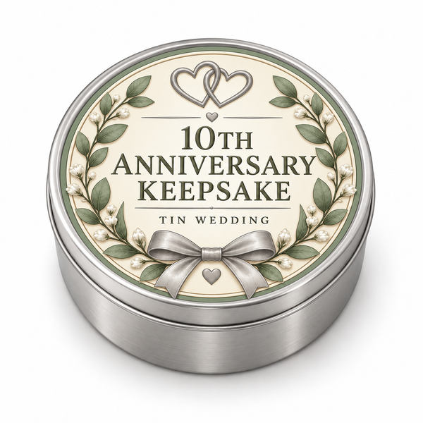 10th Anniversary Keepsake metal tin on white background