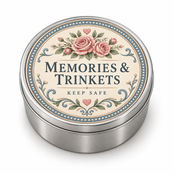 Memories & Trinkets metal tin on white background