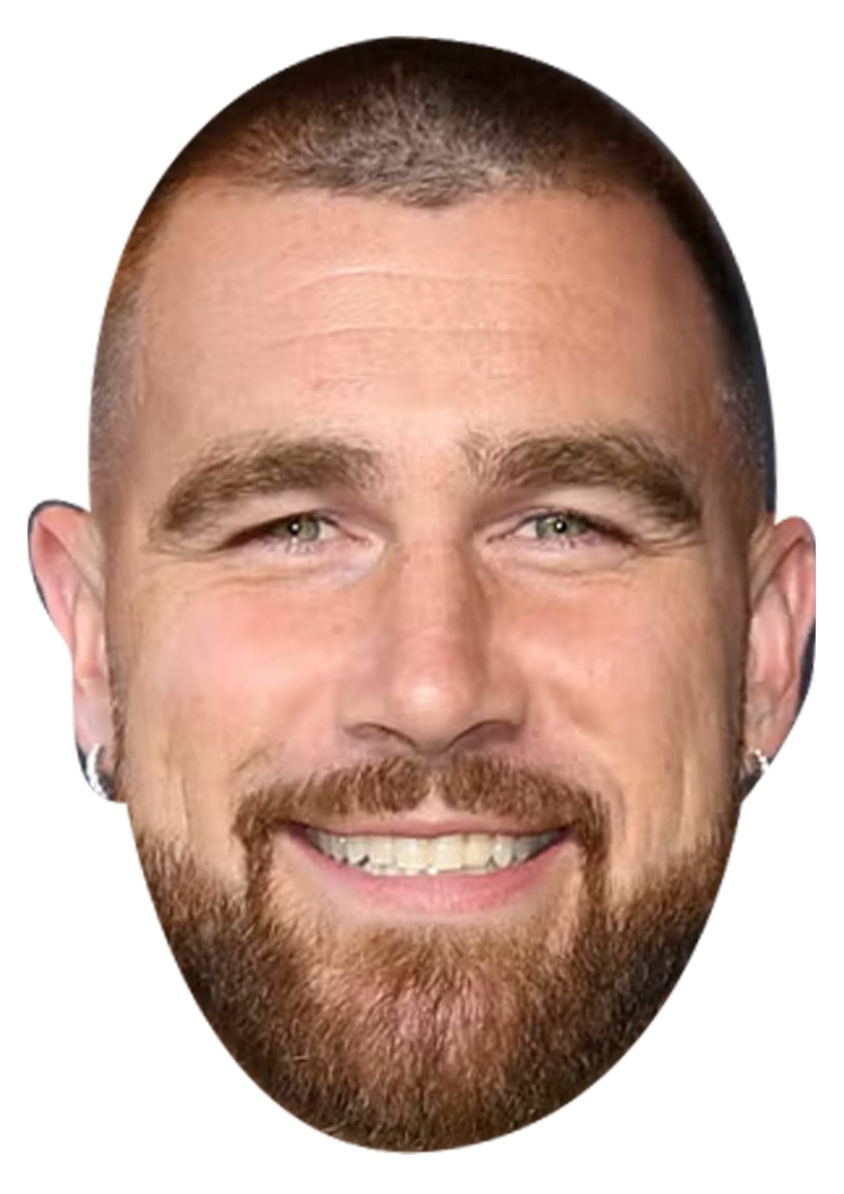 Travis Kelce face mask – printed cardboard celebrity face mask on a white background, front view