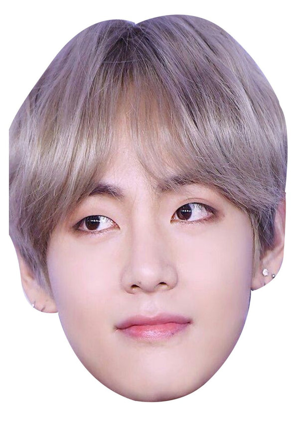 V (Kim Taehyung) face mask – printed cardboard celebrity face mask on a white background, front view