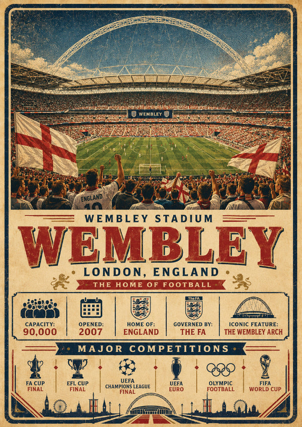 Wembley Stadium Vintage Travel Poster – London England Football Stadium Wall Art Print – Retro Sports Stadium Artwork