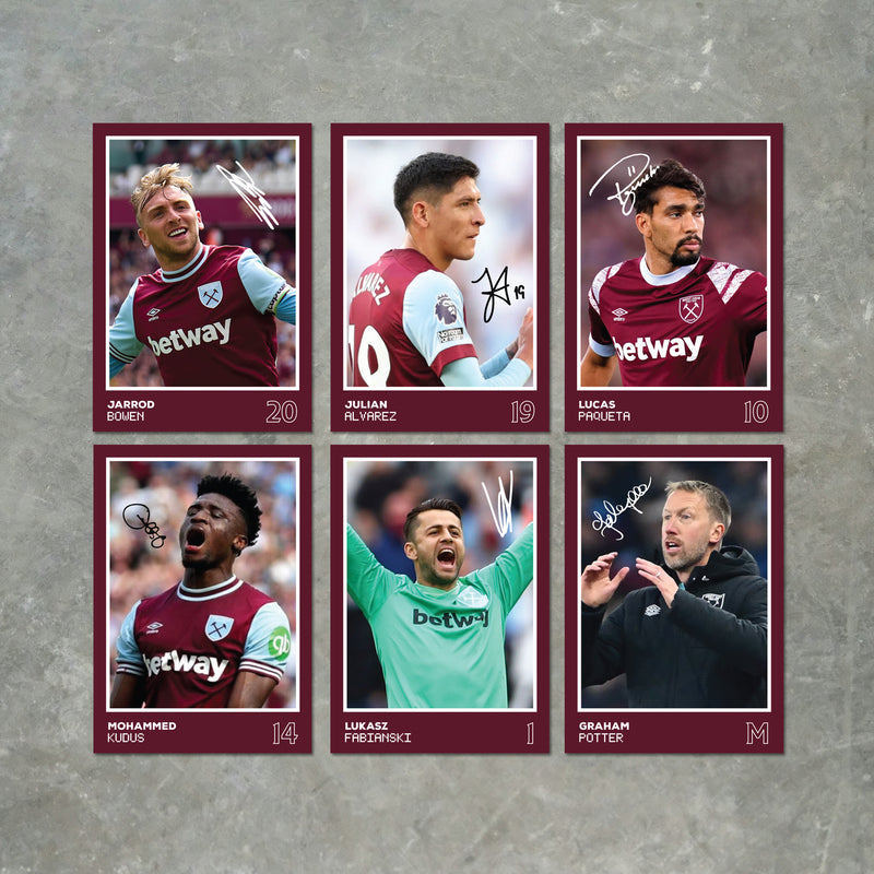 West Ham Players SIGNED A6 Poster Pack 2 - 6 Autographed Poster Print Cards (Bowen, Alavrez, Kudus, Paqueta, Fabianski, Potter)