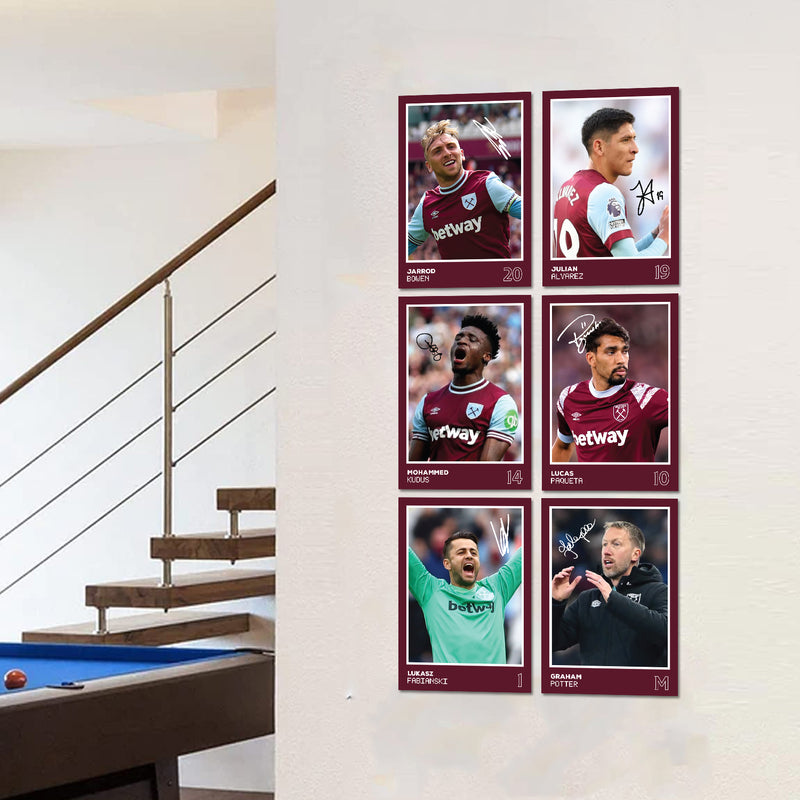 West Ham Players SIGNED A6 Poster Pack 2 - 6 Autographed Poster Print Cards (Bowen, Alavrez, Kudus, Paqueta, Fabianski, Potter)