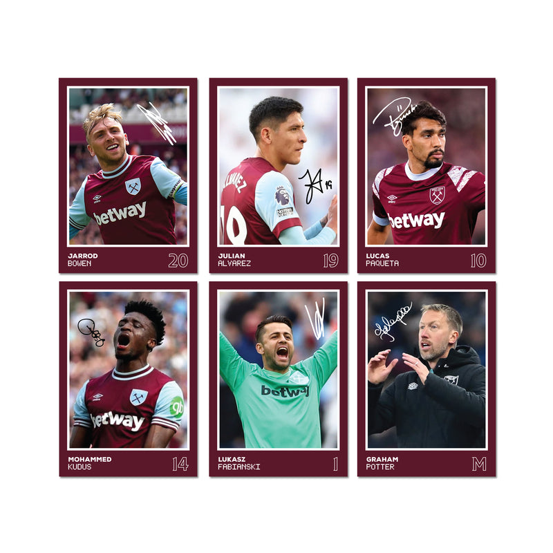 West Ham Players SIGNED A6 Poster Pack 2 - 6 Autographed Poster Print Cards (Bowen, Alavrez, Kudus, Paqueta, Fabianski, Potter)