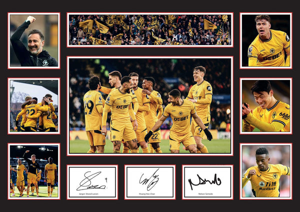 Wolves FC Poster Print – Printed Signature Style Collage Featuring Hwang Hee-chan, Nelson Semedo & Strand Larsen – Framed or Unframed – Gift for Football Fans