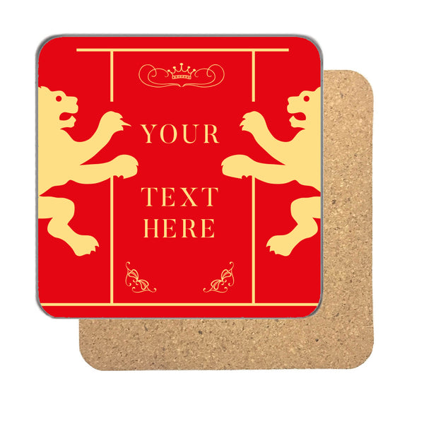 Personalised golden lions coaster in bold red with two gold lions and three lines of your own text
