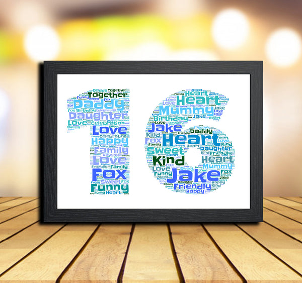 Personalised 16th birthday word art print in a black frame