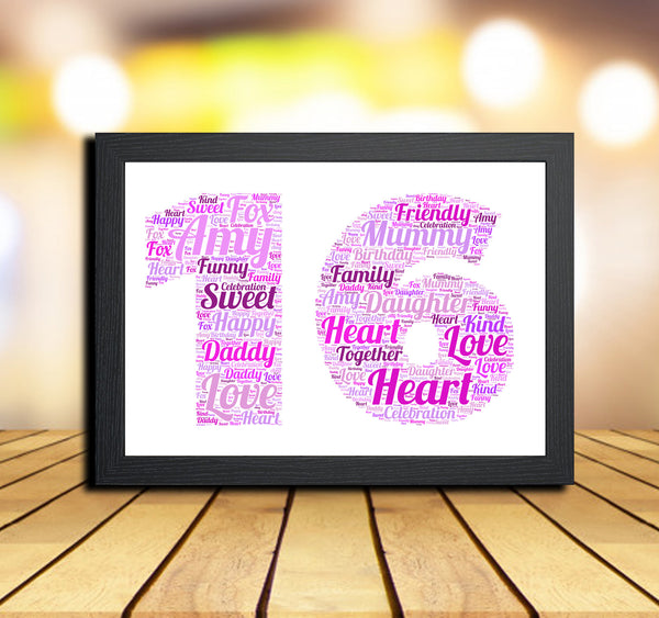 Personalised 16th birthday word art print in a black frame