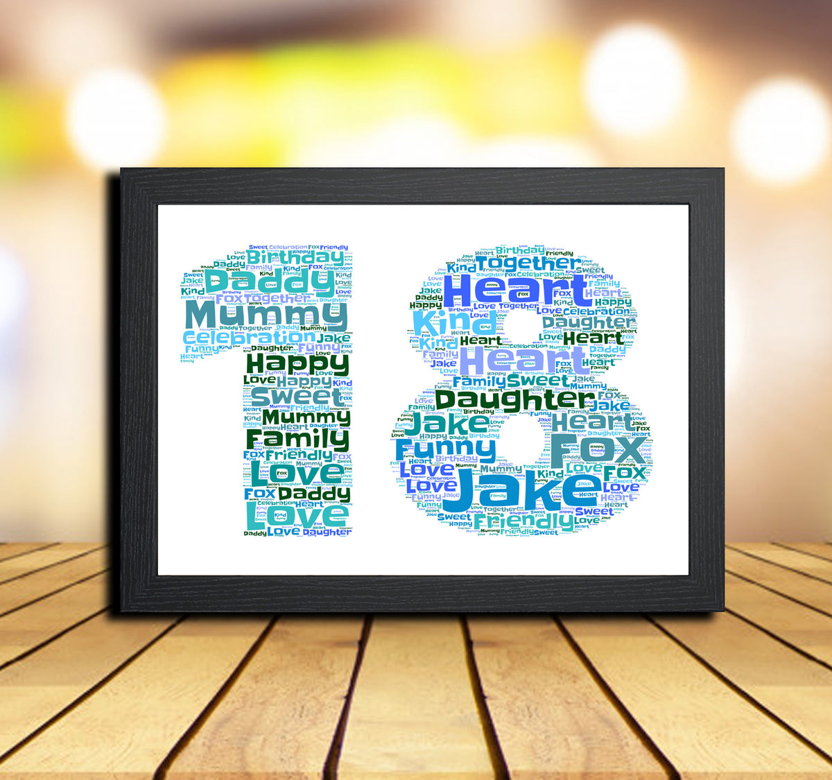 Personalised Blue Word Art Poster Print Number 18 – A4 Print + Black Frame