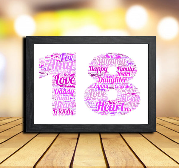 Personalised 18th birthday word art print in a black frame