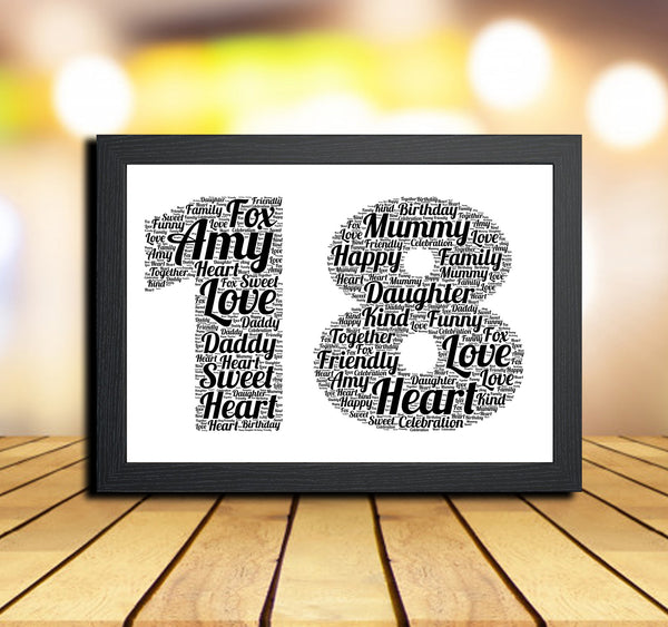 Personalised 18th birthday word art print in a black frame