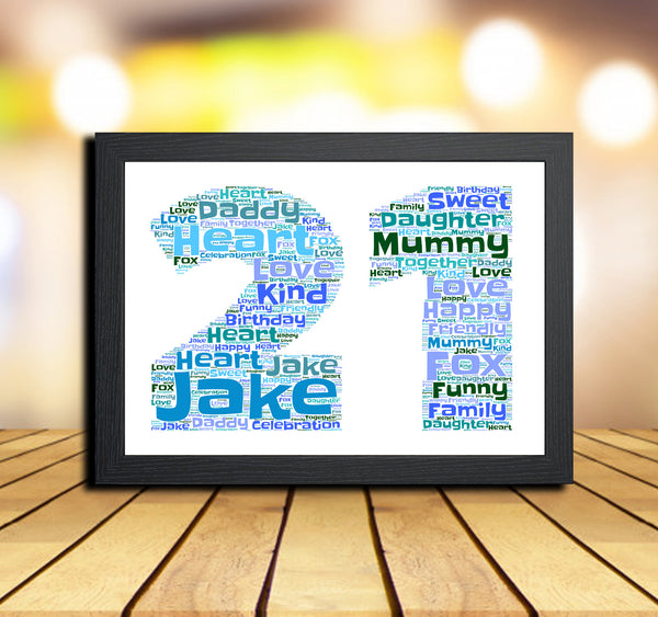 Personalised 21st birthday word art print in a black frame