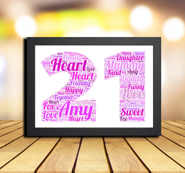 Personalised 21st birthday word art print in a black frame
