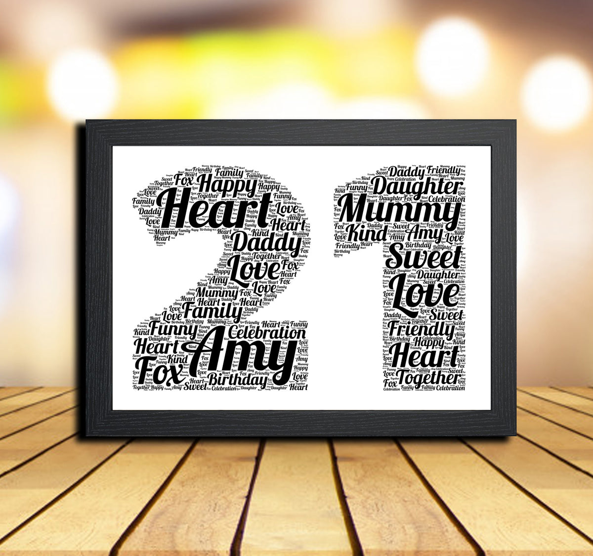 Personalised Black Word Art Poster Print Number 21 – Personalised 21st birthday word art print in a black frame