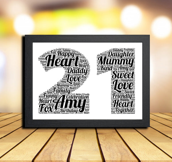 Personalised 21st birthday word art print in a black frame