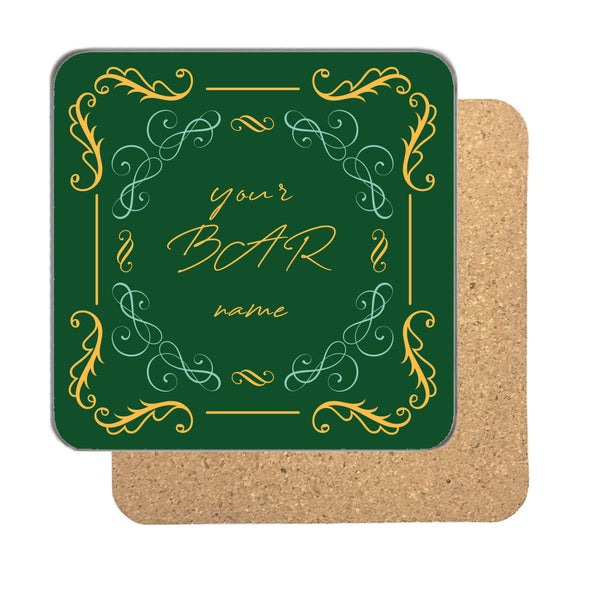 Personalised bar coaster in emerald green with gold flourishes and a name, Bar and est. year in gold script