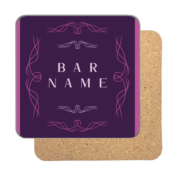 Personalised bar name coaster in deep plum with lilac filigree and a bar name in pale lilac capitals