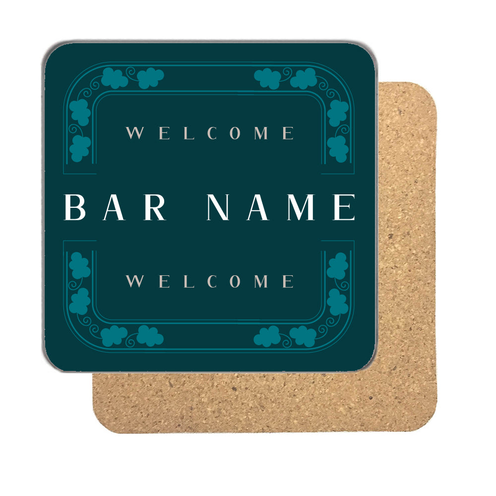 Personalised Welcome Bar Coaster – Teal Welcome Design – Your Bar Name – 90mm Drinks Coaster – Personalised welcome bar coaster in deep teal with a tile border, your bar name in white and Welcome above and below