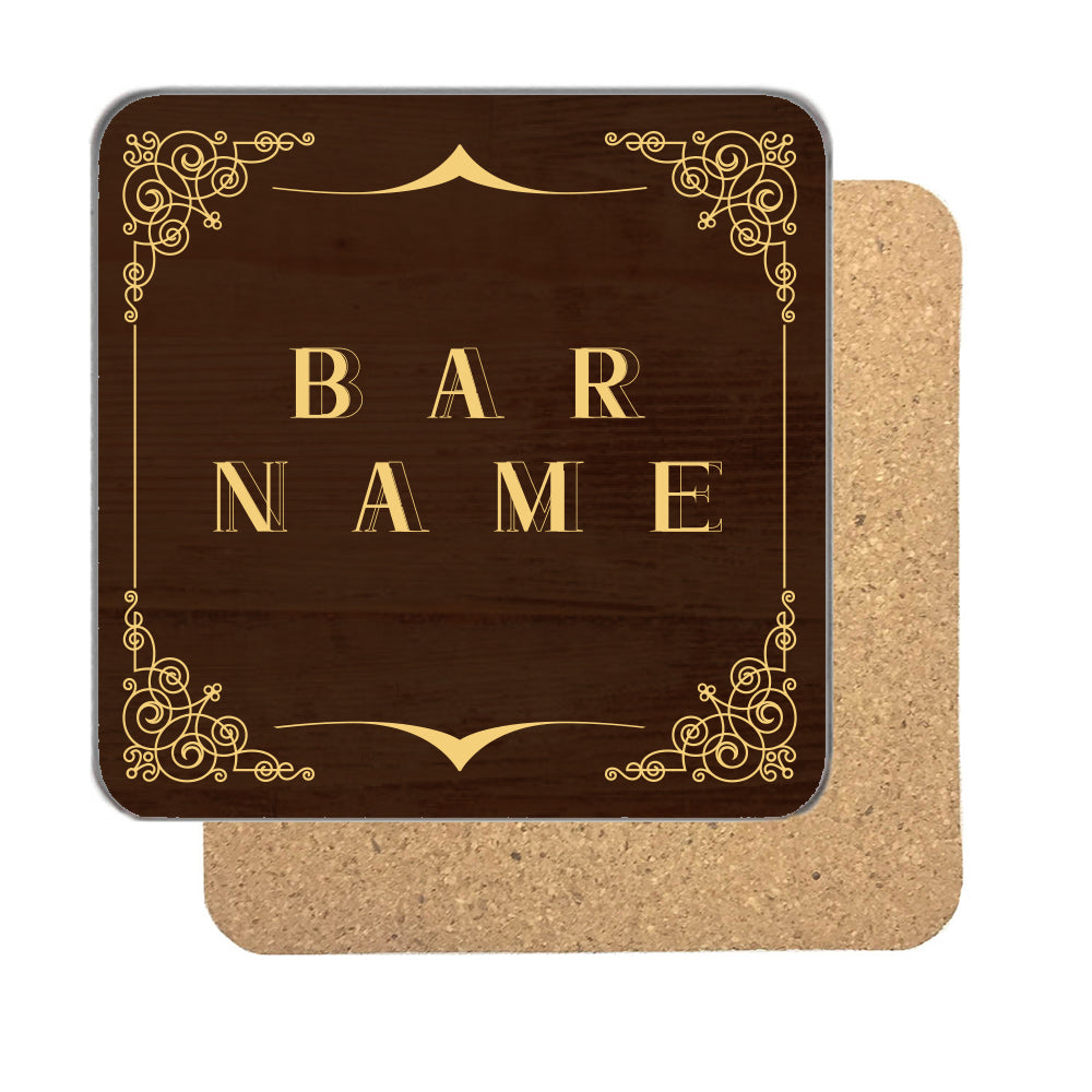 Personalised Bar Name Coaster – Walnut & Gold Design – 90mm Drinks Coaster for a Home Bar – Personalised bar name coaster with a dark walnut wood look, gold corner scrolls and a bar name in gold capitals