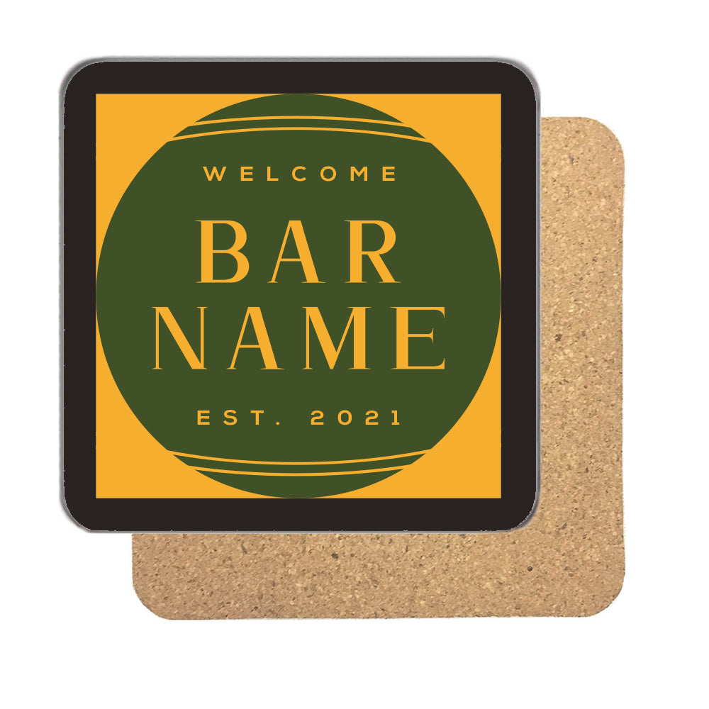 Personalised Bar Name Established Coaster – Olive Oval Design – Name & Year – 90mm Drinks Coaster – Personalised established bar coaster in olive green and amber with a bar name and est. year in a circle
