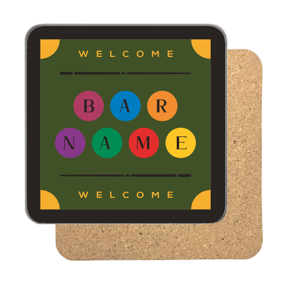 Personalised Pool Ball Bar Coaster – Rainbow Bubbles Design – Letters on Pool Balls – 90mm Drinks Coaster – Personalised pool ball bar coaster with letters on seven coloured balls on an olive background with Welcome lines