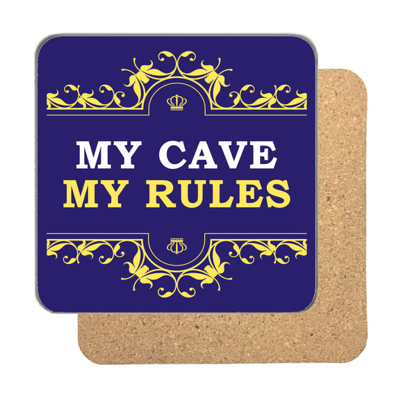 Personalised My Cave My Rules coaster in navy with gold scrolls, white and yellow capitals and small crowns